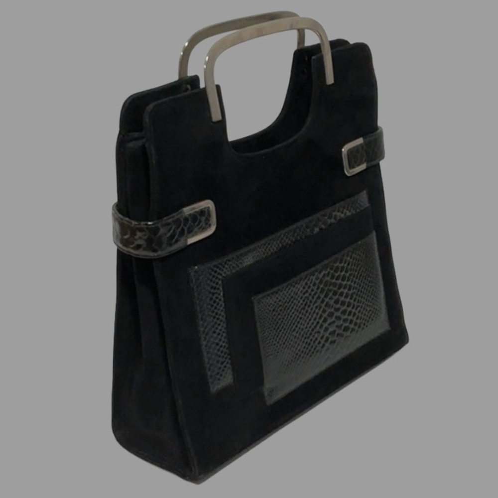 BLOCK Vintage Black Suede and Reptile Skin Frame Handbag with Grab Top Handles - Picture 4 of 10